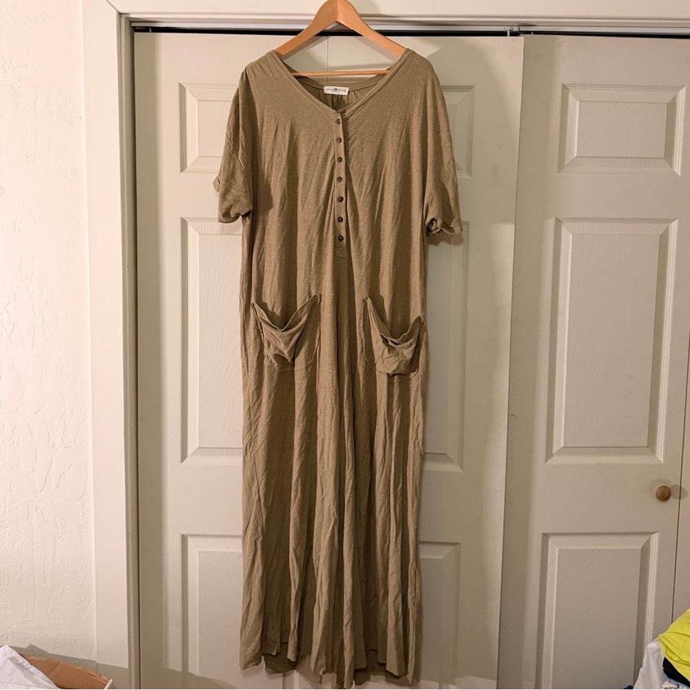 NATURAL LIFE Olive-Tan Button Front Pocketed Maxi Jumpsuit